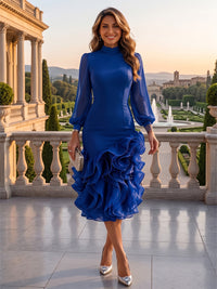 Mermaid/Trumpet High Neck Stretch Jersey Tea-Length Cocktail Dresses with Tiered Layers & Ruffles