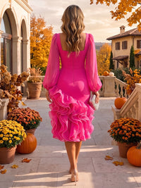 Mermaid/Trumpet Square Neck Stretch Jersey Tea-Length Cocktail Dresses with Tiered Layers & Ruffles