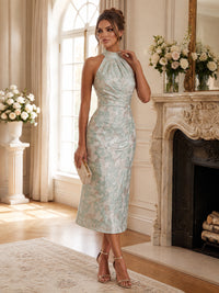 Sheath/Column Halter Jacquard Tea-Length Cocktail Dresses with Ruched Waist