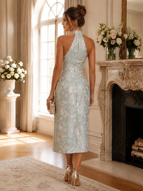 Sheath/Column Halter Jacquard Tea-Length Cocktail Dresses with Ruched Waist