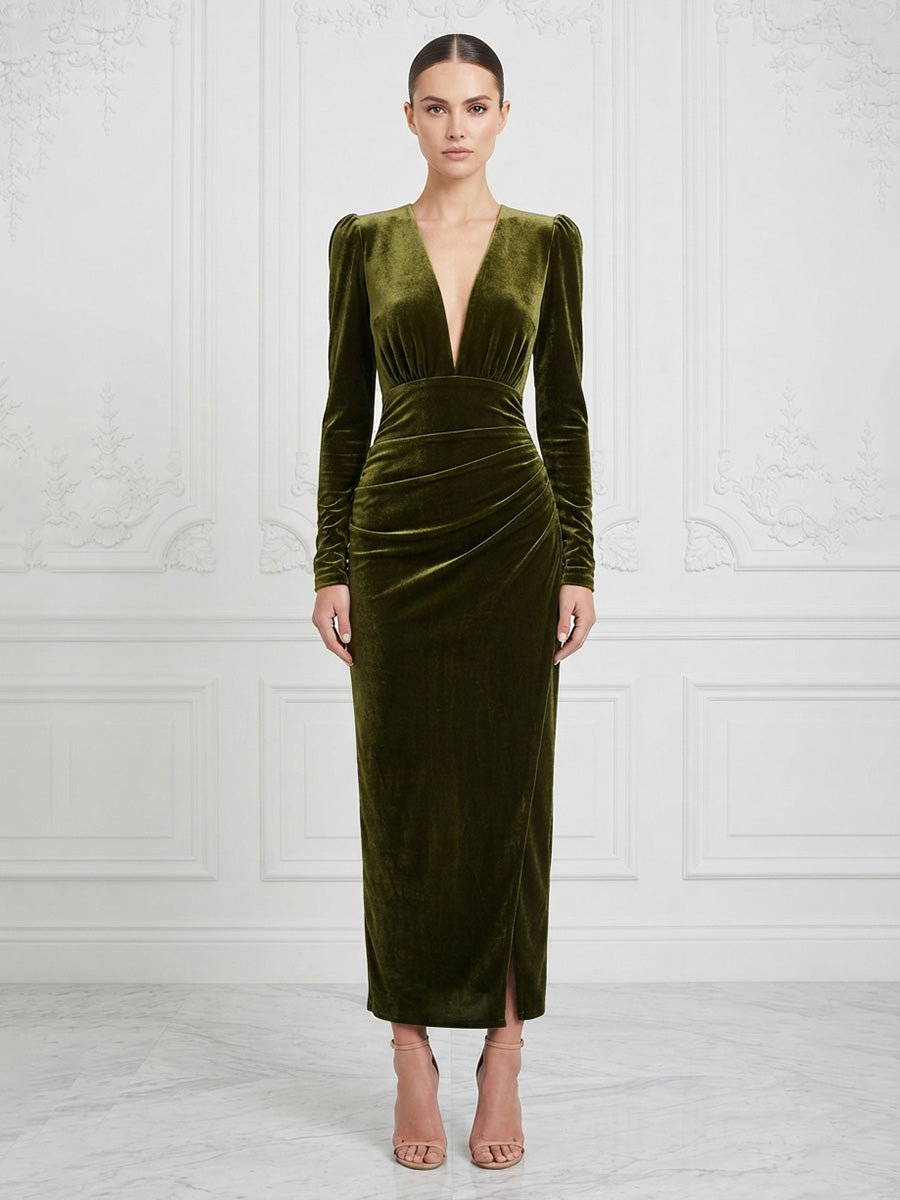 Sheath/Column V-Neck Velvet Tea-Length Cocktail Dresses with Ruched Waist
