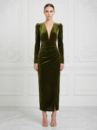 Sheath/Column V-Neck Velvet Tea-Length Cocktail Dresses with Ruched Waist