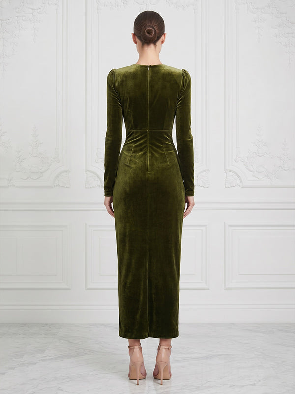 Sheath/Column V-Neck Velvet Tea-Length Cocktail Dresses with Ruched Waist