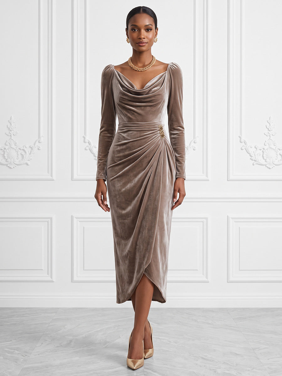 Sheath/Column Cowl Neck Velvet Tea-Length Cocktail Dresses with Ruched Waist