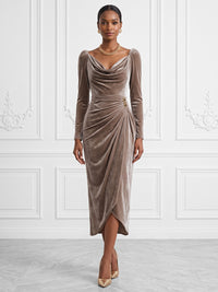 Sheath/Column Cowl Neck Velvet Tea-Length Cocktail Dresses with Ruched Waist