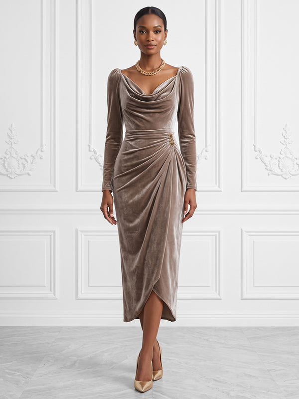 Sheath/Column Cowl Neck Velvet Tea-Length Cocktail Dresses with Ruched Waist
