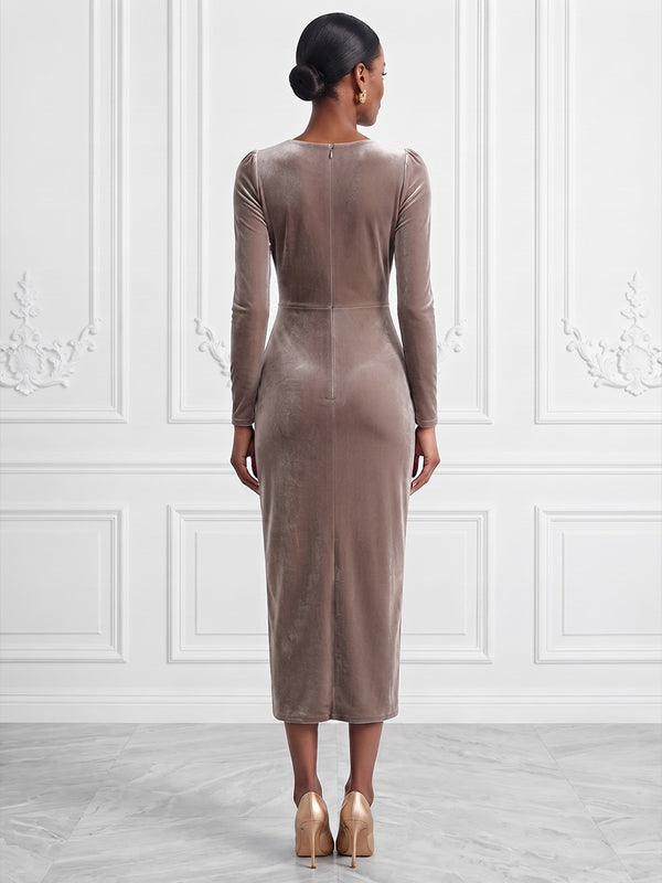 Sheath/Column Cowl Neck Velvet Tea-Length Cocktail Dresses with Ruched Waist