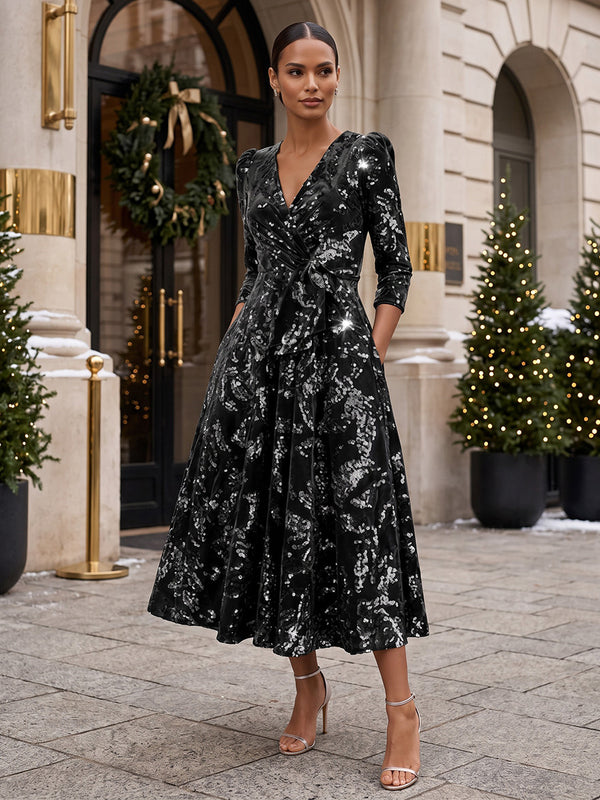A-Line/Princess V-Neck Velvet Tea-Length Cocktail Dresses with Sequin & Pleats