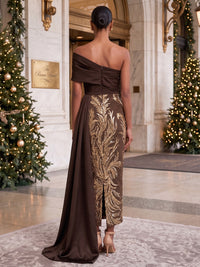 Sheath/Column One Shoulder Sequin Tea-Length Cocktail Dresses with Side Sash & Ruched Bodice
