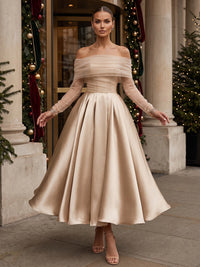 A-Line/Princess Off Shoulder Satin Tea-Length Cocktail Dresses with Pleats