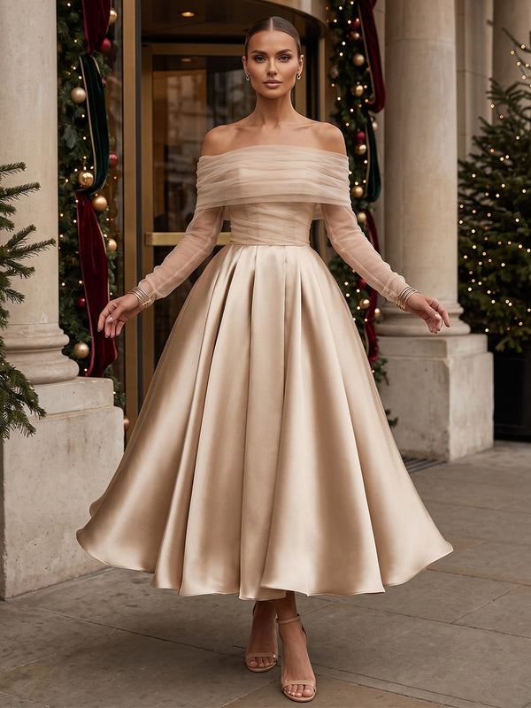 A-Line/Princess Off Shoulder Satin Tea-Length Cocktail Dresses with Pleats