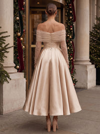 A-Line/Princess Off Shoulder Satin Tea-Length Cocktail Dresses with Pleats