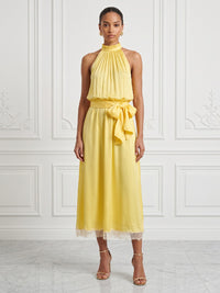 A-Line/Princess Halter Satin Tea-Length Cocktail Dresses with Pleats & Belt