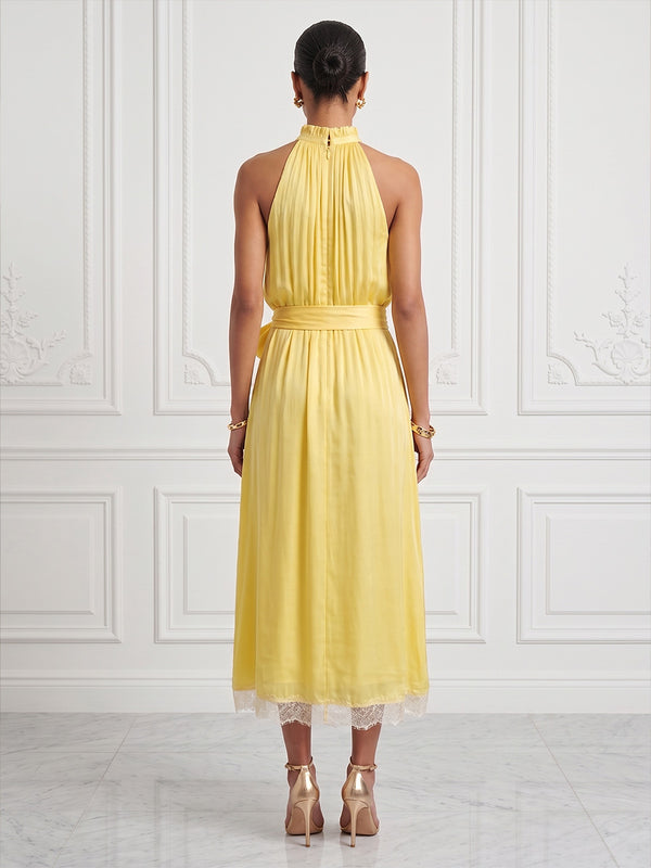 A-Line/Princess Halter Satin Tea-Length Cocktail Dresses with Pleats & Belt
