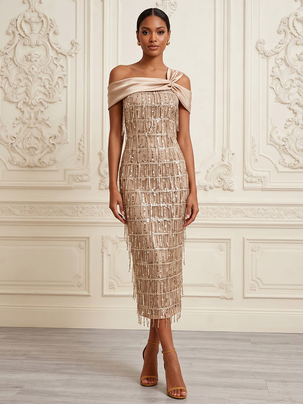 Sheath/Column Off Shoulder Sequin Tea-Length Cocktail Dresses with Tassels