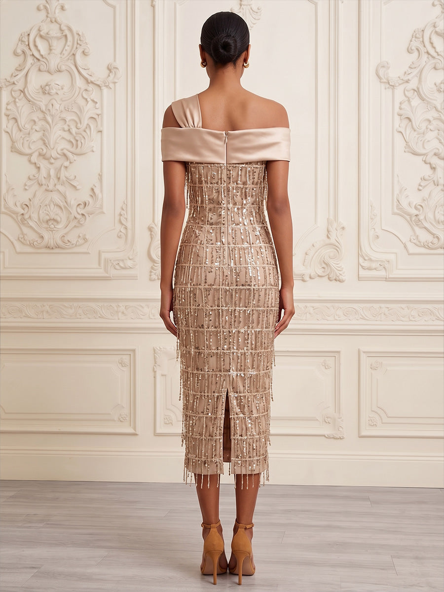 Sheath/Column Off Shoulder Sequin Tea-Length Cocktail Dresses with Tassels