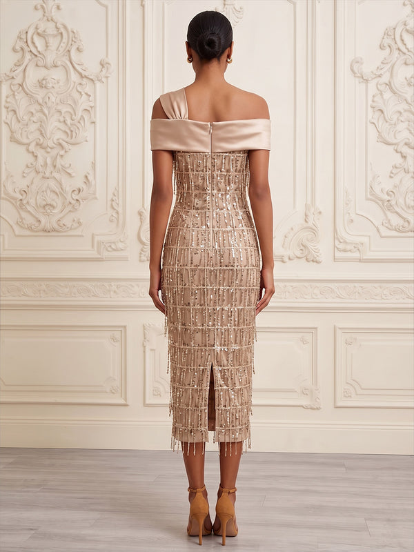 Sheath/Column Off Shoulder Sequin Tea-Length Cocktail Dresses with Tassels