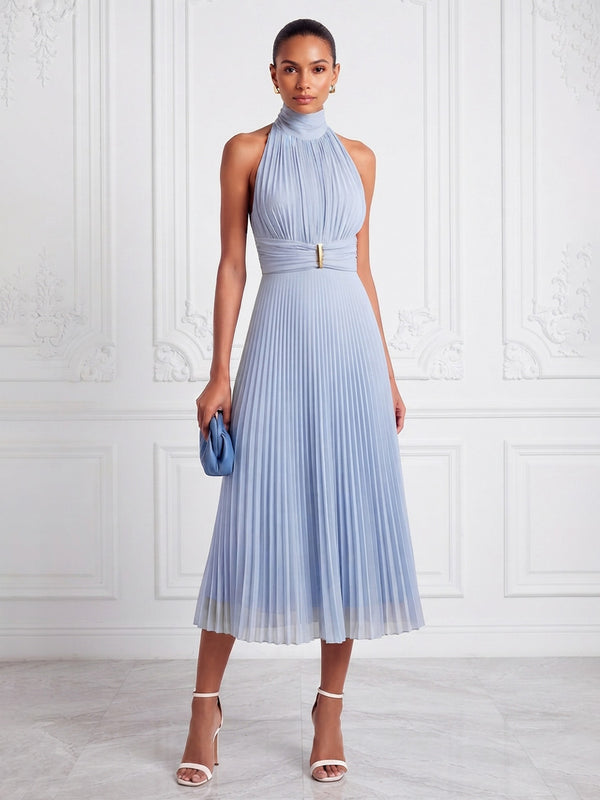 A-Line/Princess Halter Chiffon Tea-Length Cocktail Dresses with Pleats