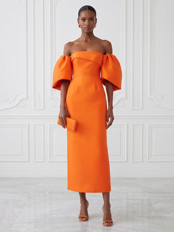Sheath/Column Off Shoulder Satin Tea-Length Cocktail Dresses for Women