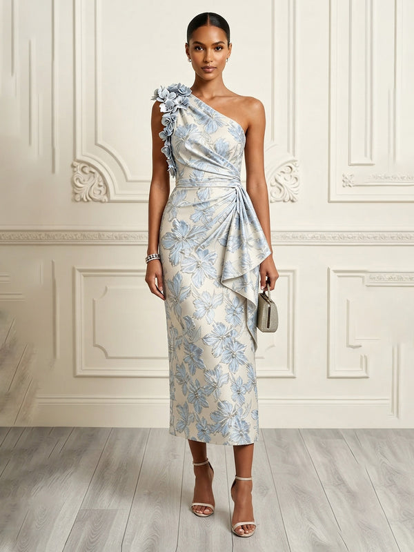 Sheath/Column One Shoulder Jacquard Tea-Length Cocktail Dresses with 3D Flowers & Ruffles