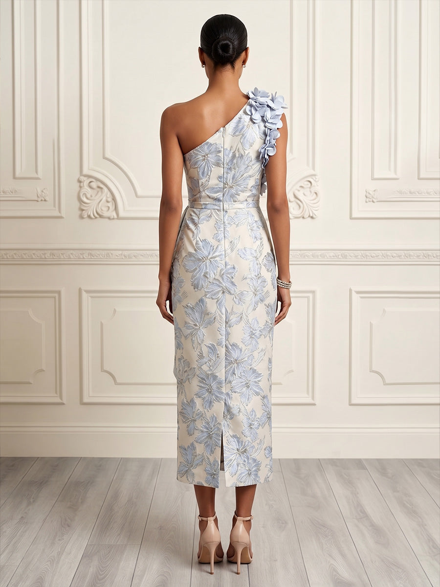 Sheath/Column One Shoulder Jacquard Tea-Length Cocktail Dresses with 3D Flowers & Ruffles