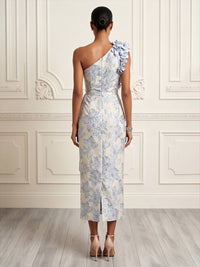 Sheath/Column One Shoulder Jacquard Tea-Length Cocktail Dresses with 3D Flowers & Ruffles
