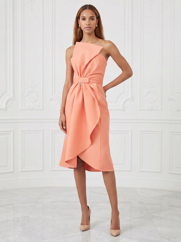 Sheath/Column Strapless Satin Tea-Length Cocktail Dresses with Ruched Waist