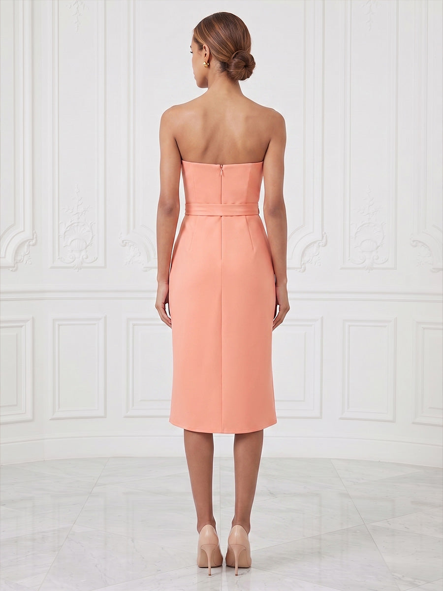 Sheath/Column Strapless Satin Tea-Length Cocktail Dresses with Ruched Waist