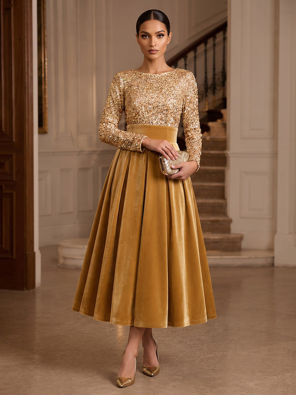 A-Line/Princess Scoop Neck Velvet Tea-Length Cocktail Dresses with Sequin Bodice & Pleats