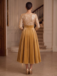 A-Line/Princess Scoop Neck Velvet Tea-Length Cocktail Dresses with Sequin Bodice & Pleats
