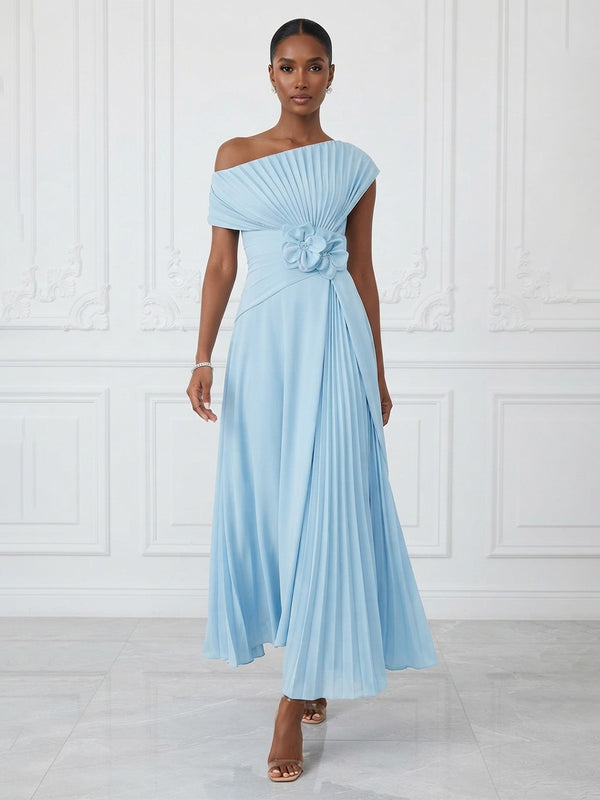 A-Line/Princess Off Shoulder Chiffon Tea-Length Cocktail Dresses with 3D Flowers & Pleats