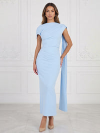 Sheath/Column Scoop Neck Stretch Jersey Tea-Length Cocktail Dresses with Side Draped Sash