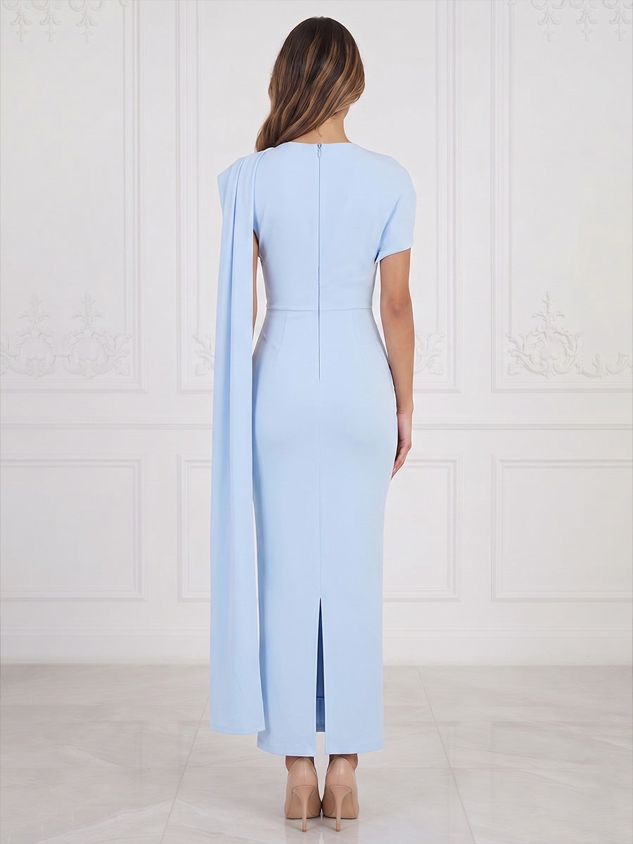 Sheath/Column Scoop Neck Stretch Jersey Tea-Length Cocktail Dresses with Side Draped Sash