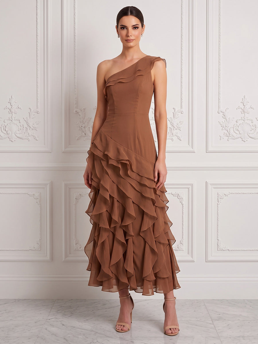 A-Line/Princess One Shoulder Chiffon Tea-Length Cocktail Dresses with Tiered Layers & Ruffles