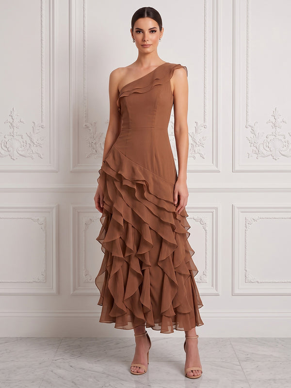 A-Line/Princess One Shoulder Chiffon Tea-Length Cocktail Dresses with Tiered Layers & Ruffles
