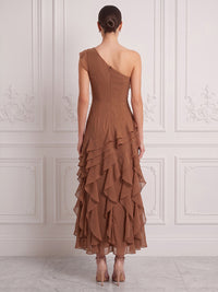 A-Line/Princess One Shoulder Chiffon Tea-Length Cocktail Dresses with Tiered Layers & Ruffles