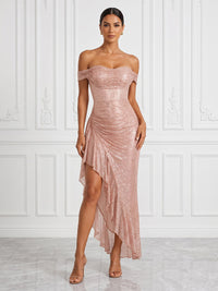 Mermaid/Trumpet Off Shoulder Sequin Tea-Length Cocktail Dresses with Ruffles & Ruched Waist