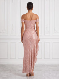 Mermaid/Trumpet Off Shoulder Sequin Tea-Length Cocktail Dresses with Ruffles & Ruched Waist
