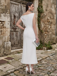 Sheath/Column Off Shoulder Stretch Jersey Tea-Length Cocktail Dresses with Pleats