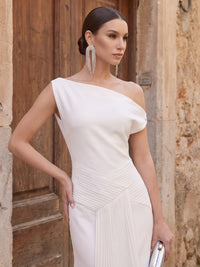 Sheath/Column Off Shoulder Stretch Jersey Tea-Length Cocktail Dresses with Pleats