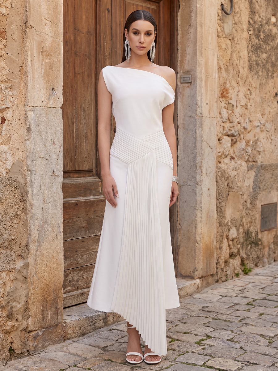 Sheath/Column Off Shoulder Stretch Jersey Tea-Length Cocktail Dresses with Pleats