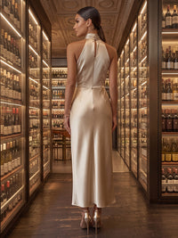 Sheath/Column Halter Satin Tea-Length Cocktail Dresses with Ruched Waist