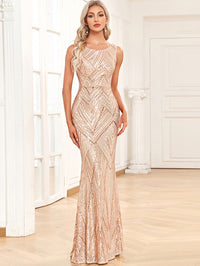 Sheath Round Neck Sparkly Sequin Long Formal Evening Dresses