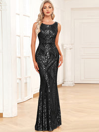 Sheath Round Neck Sparkly Sequin Long Formal Evening Dresses