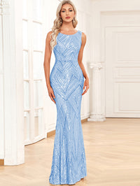 Sheath Round Neck Sparkly Sequin Long Formal Evening Dresses