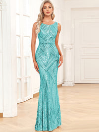 Sheath Round Neck Sparkly Sequin Long Formal Evening Dresses