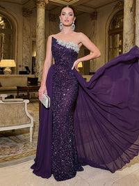 Sheath Strapless Sequin Long Luxurious Evening Dresses with Rhinestones