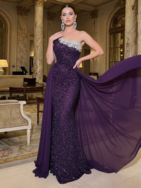 Sheath Strapless Sequin Long Luxurious Evening Dresses with Rhinestones