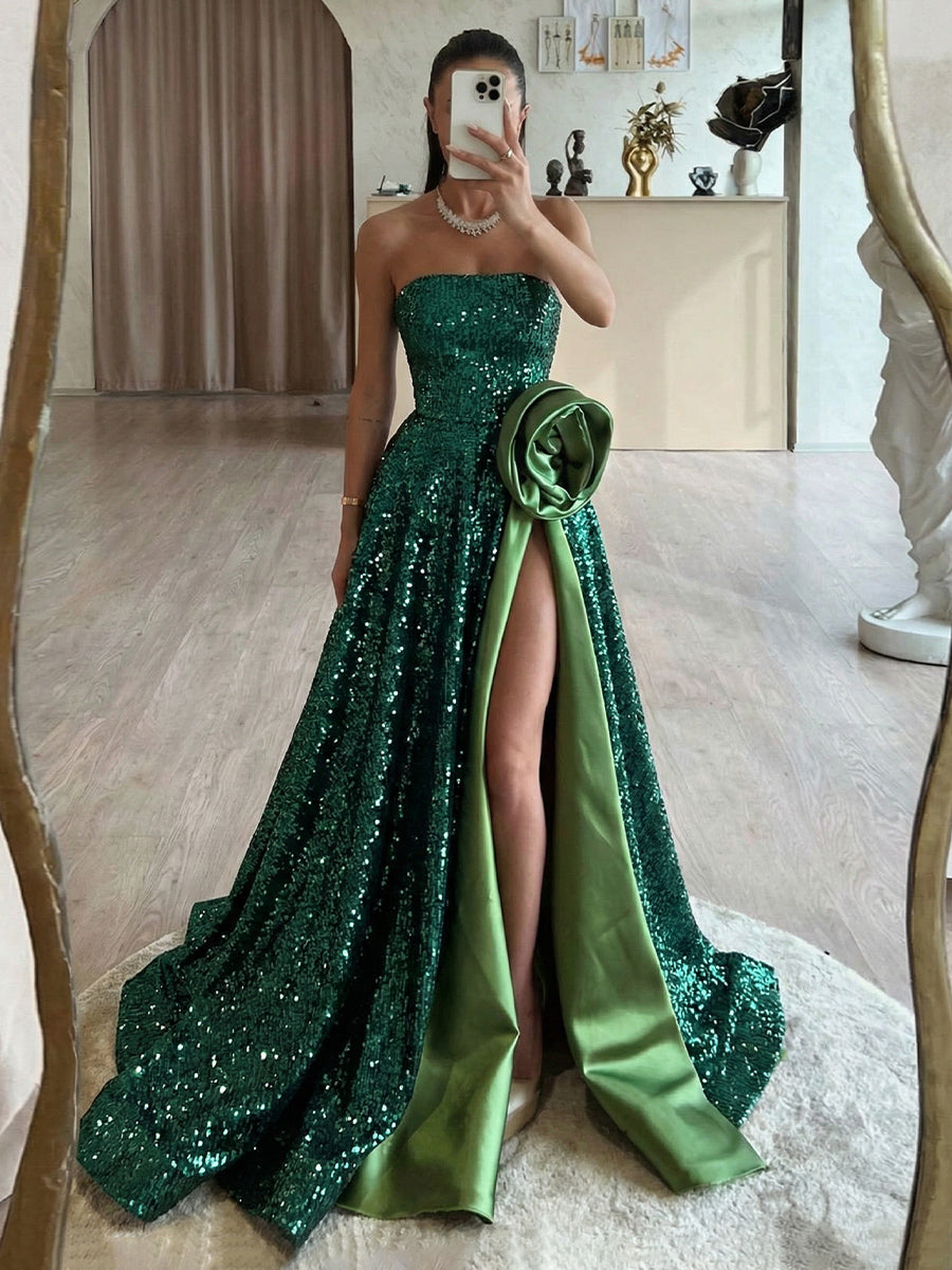 A Line Strapless Long Sequined Evening Dresses with High Split Side