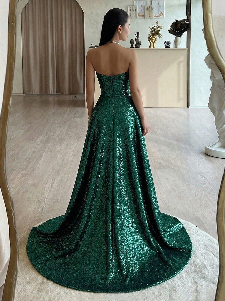 A Line Strapless Long Sequined Evening Dresses with High Split Side